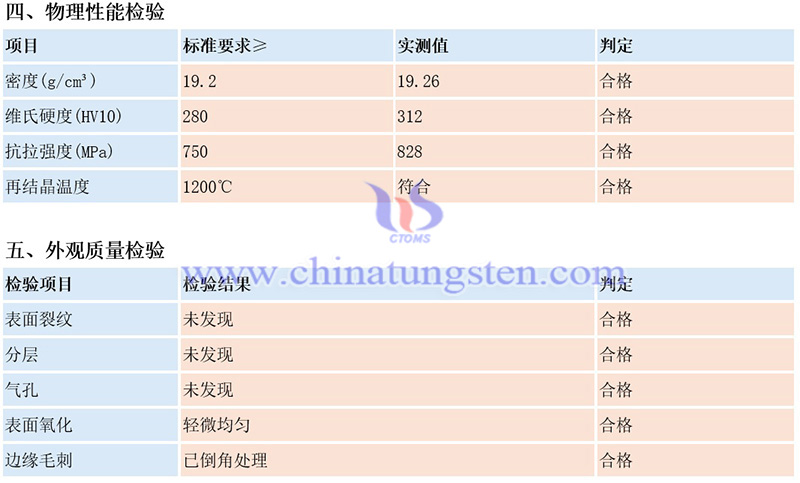中鎢智造鎢板質量檢驗表（示例）圖片